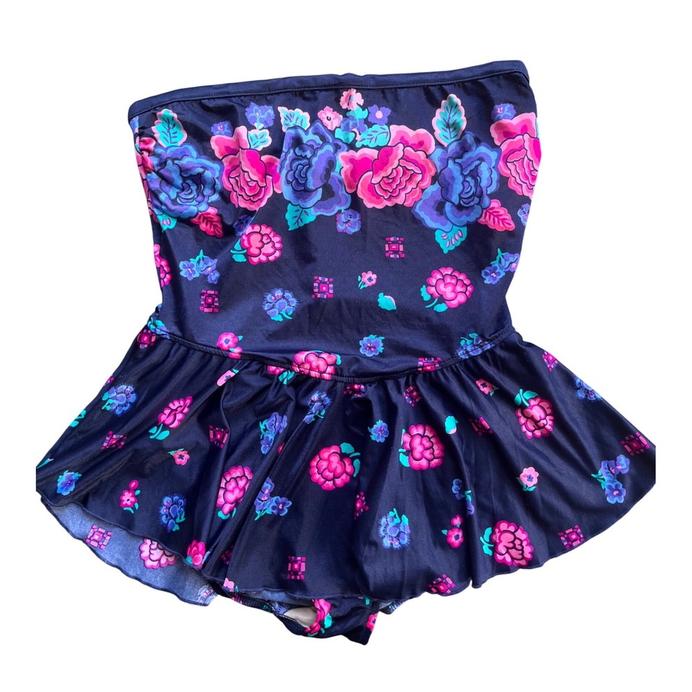 Vtg pinup  Floral Bandeau Peplum One Piece Swimsuit Navy Pink Purple Strapless‎